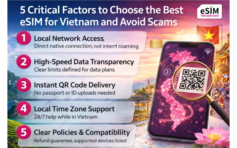 To get the best eSIM for Vietnam, choose local 5G, transparent data, and instant QR Code activation to avoid scams